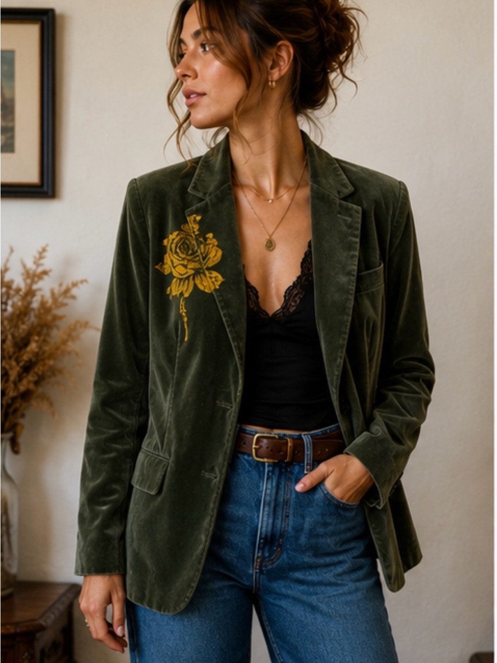 Allen B. By Allen Schwartz Olive Velvet Blazer with Gold Rose and back details